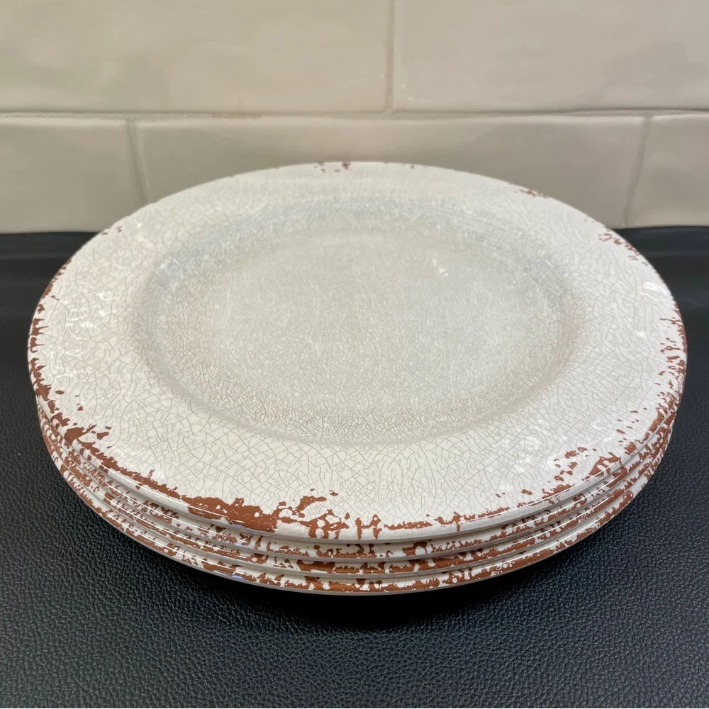 Williams Sonoma Rustic Outdoor Melamine Dinner Plates Set of 4 Ivory Crackle 11”